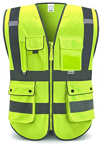 XIAKE RV120528 Reflektierende Sicherheitsweste mit hoher Sichtbarkeit mit 8 Taschen (Fluoreszierendes Gelb, XL)