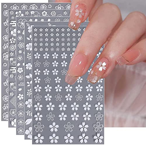 JMEOWIO 9 Sheets White Flower Nail Art Stickers Decals Self-Adhesive Spring Summer Floral Nail Supplies Nail Art Design Decoration Accessories