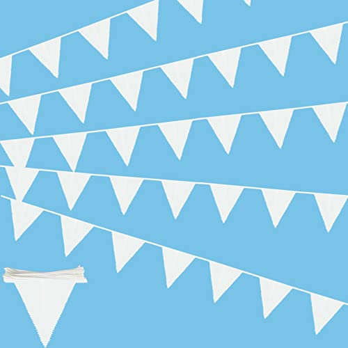 Wimpelkette, 12M Stoff Wimpelkette Wimpel Girlande mit 50 Weiß Wimpeln, Triangle Flags Banner, Wimpelkette Stoff Outdoor Weiss für Hochzeit, Kinderzimmer, Geburtstag, Party, Einschulung Deko (A)