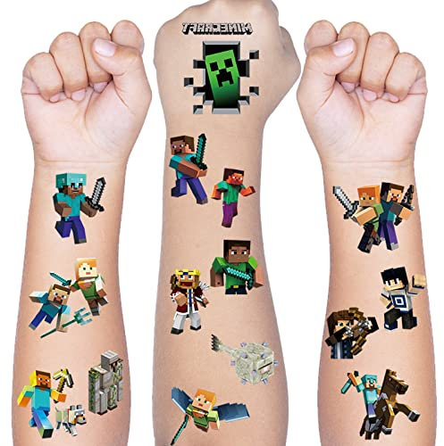 Tattoo Kinder, 8 Blätter Minecraft Temporäre Tattoo Aufkleber Set für Mädchen Jungen Kindertattoos Wasserdicht für Geburtstagsgeschenke Kindergeburtstag Mitgebsel Festival Party Deko
