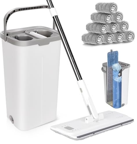 Mop and Buckets Sets, MASTERTOP Floor Mop and Bucket, Squeeze Mops with 140cm Stainless Steel Handle, Flat Mops Buckets for Laminate Tile Hardwood Wall Cleaning, Send 10pcs Wet & Dry Pads - Grey