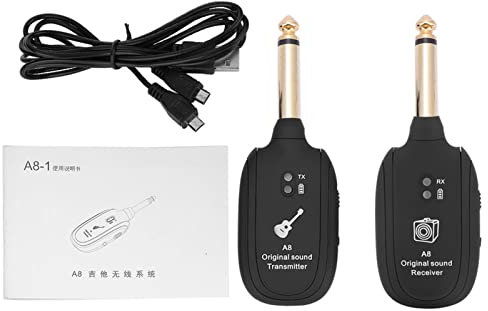 Sistema Wireless per Chitarra, Trasmissione Audio Wireless a 4 Canali Ricaricabile a 2,4 GHz, Trasmettitore Ricevitore Adatto per Chitarra Elettrica, Basso, Violino, Portata di Trasmissione 91 Metri