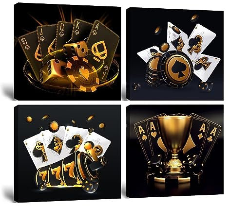 Wall HDQ Poker-Wandkunst für Casino, Schwarz und Gold, Wanddekoration, Spielkarten, Malerei, Würfel, Chips, Trophäen, Leinwanddruck, Poster für Bar, Hotel, Spielzimmer, Spielzimmer, Party,