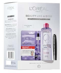 L'Oreal Paris Beauty Like a Boss Giftset, Skincare Routine Powered by Hyaluronic Acid; Micellar Water + Replumping Tissue Mask + Mega Volume 24hour Collagen Mascara, Prep & Glow Everyday