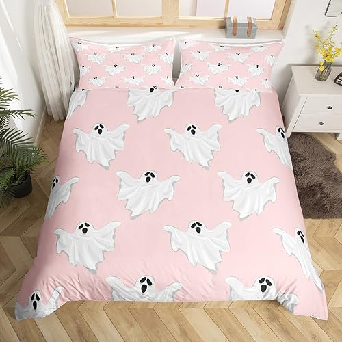 Halloween Comforter Cover for Boys Girls Cute Cartoon Ghost Duvet Cover,Spooky Shadow Bedding Set Happy Halloween Theme Bed Set Pink Room Decor,Double
