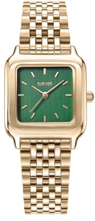 BURKER Damenuhr Macy, Quadratische Damen Armbanduhr Gliederarmband Edelstahl Analog Quarz 3-ATM Wasserdicht Geschenk für Frau, Freundin, Mama - 26 mm - Gold Grün