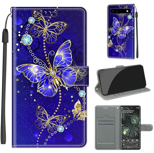 Handyhülle für Google Pixel 6A, Schmetterling | Premium Leder Flip, Klappbar, Stoßfest, Magnetisch, Standfunktion, Kartenfächer, Wallet Handyhülle
