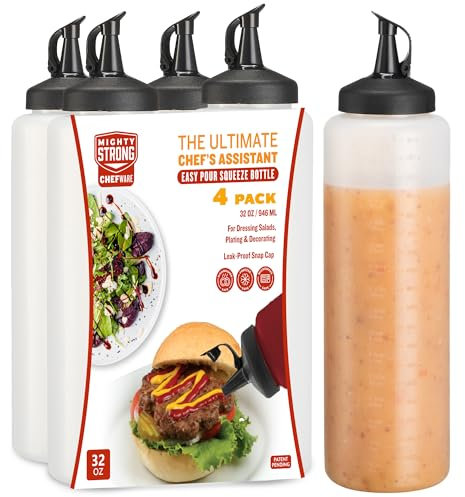 MIGHTY STRONG 4 Pack Condiment Squeeze Bottles 32 Oz –Easy Pour Sauce Bottles With Leak Proof Snap Cap, Plastic Squeeze Bottles For Sauces, Condiment Bottles, Condiment Containers, SP014