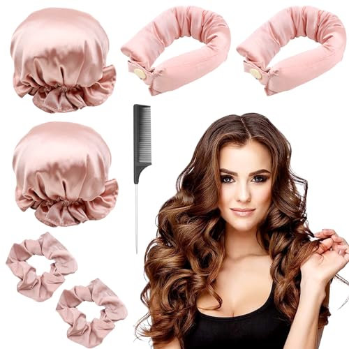 ZOCONE Locken Ohne Hitze Seide Weich Lockenwickler über Nacht Hair Curler Heatless Curls Band Silk Lockenband Seide Frisurenset Overnight Curls Satin Overnight Blowout Lange Haare Mittellange (Rosa)