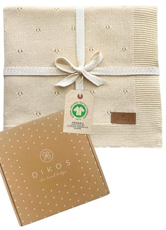 DIKOS® Babydecke Ajour Strick naturbeige – luftig-leichte Neugeborenen Decke aus weicher Bio-Baumwolle (GOTS/Oeko-TEX 100) – Ideal als Kuscheldecke und Baby Erstausstattung - Geschenk zur Geburt