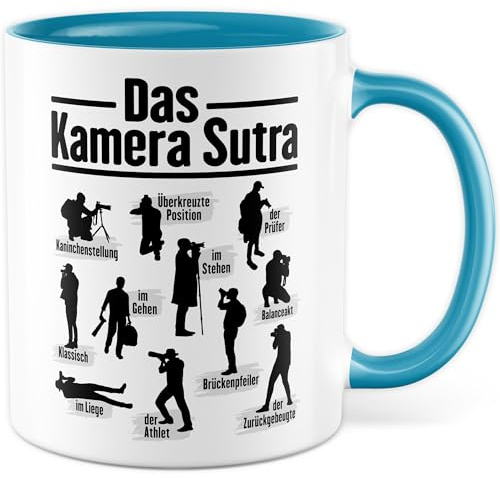Kamerafan Tasse mit Spruch - Das Kamera Sutra - Kaffeetasse aus Keramik 330ml - Fotograf Hobbyfotograf Fotografie Kameraliebhaber Geschenkidee Kaffee-Becher