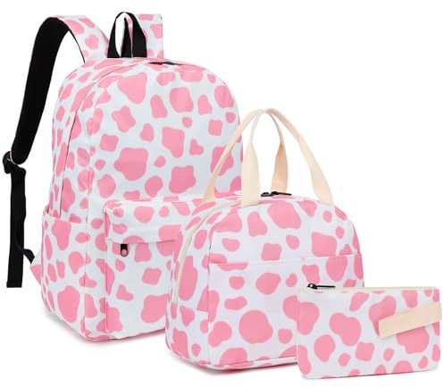 Mimfutu Mochila escolar para adolescentes, mochila 3 en 1 para niños, juego de mochilas escolares con lonchera y estuche para lápices, Estampado de vaca rosa, L, Juego de mochila escolar