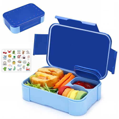 Bugucat Brotdose Kinder mit Fächern, 900ml Bento Box Kinder, Auslaufsicher Lunchbox, Jausenbox Brotbox für Erwachsene Kindergarten Schule Ausflüge, Mikrowelle/Spülmaschinenfest (Blau)