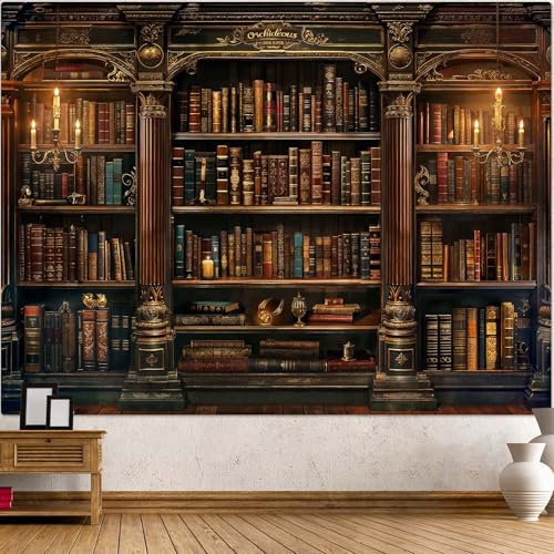 Accnicc Vintage Bücherregal Tapisserie Mittelalterliche Kunst Buch Tapisserie Wandbehang Gothic Dark Academia Retro Bibliothek Hintergrund Tapisserie für Schlafzimmer Wohnzimmer Wohnheim Arbeitszimmer