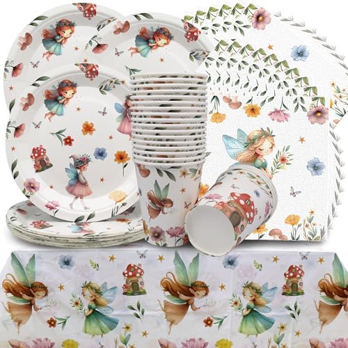 Shamoparty Elf Party, Flower Fairy Party Tableware,Partygeschirrset Pappteller Tischdecke mit Blumen Pappbecher Servietten Blumen für Geburtstag Babyparty Partygeschirr 20 Gäste