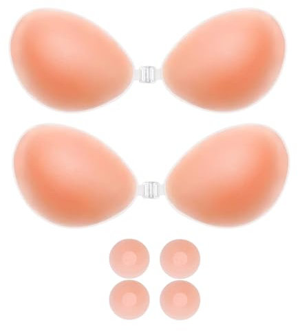 ANASH Sticky Bra, Stick on Bra for Women with 2 Nipple Covers, Women Silicone Strapless for Partywear,Weddings, Ideal for Off Shoulder (UK, Cup & Band, D, 2, Skin)