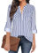 Gemulate Women's Tops Blue Striped Shirt for Women Zip Up Plaid Tunic Blouse 3 Quarter Sleeve Shirt for Women Floral Printed Shirts Womens Going Out Tops - Blue White Stripe, XL