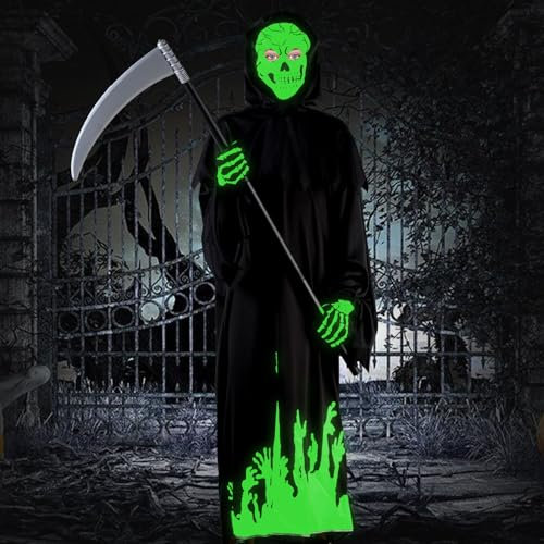 VAZILLIO Costume da Tristo Mietitore,Costume Halloween con Fosforescente, Scheletro Maschera & Guanti e Falce per Bambini da 5-14 Anni (M)