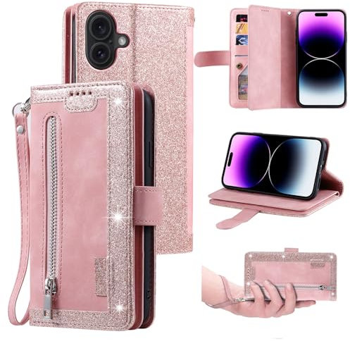 UEEBAI Wallet Case for iPhone 16 Plus 6.7, Retro 9 Card Holder Slots Zipper Pocket Handbag Case PU Leather Magnetic Closure Kickstand with Wrist Strap TPU Shockproof Flip Case - Rose Gold