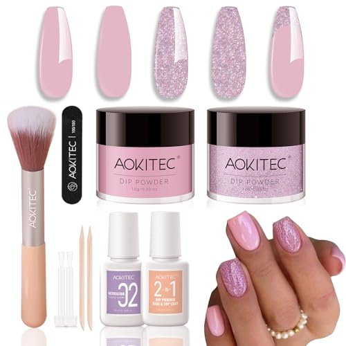 Aokitec Dip Powder Nail Kit - Pink & Glitter Nail Powder with Dip Liquid Nail Supplies for Nail Art, Nail Dip Powder Starter Kit for Vocation Travel, Nail Set for Easy Carry, Gift for Women