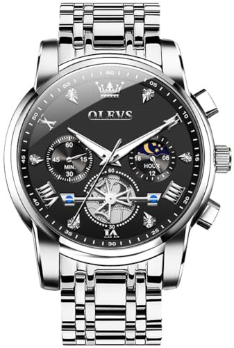 OLEVS Herrenuhren Elegante Silberne Edelstahl Multifunktion Tourbillon Große Uhren für Herren Business Schwarzes Gesicht Chronograph Quarzuhr Wasserdicht Analoge Römische Ziffern Herren Uhren