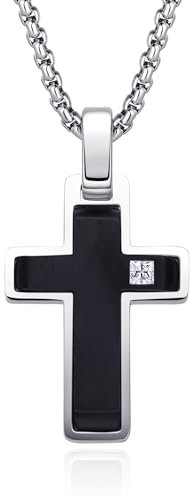 Dada Gioielli - Herren Halskette mit Kreuz - Silber oder satiniertes Schwarz - Kreuz mit schwarzem, brillantem Zirkonia-Stein - Edelstahlkette in diamantierter Silberoptik, 45+5 cm (Schwarz)