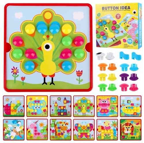 TNEDFOD Mosaico per Bambini, Educativo Montessori, Puzzle 46 Pulsanti e 12 Carte per 3 4 Anni