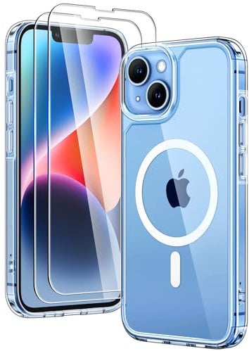 TAURI für iPhone 13 Hülle 6,1 mit Panzer Schutz Glas Folie, Kompatibel mit MagSafe, Schutz nach Militärstandard, [Anti-Vergilbung] Stoßfest Magnetisch Handyhülle - Durchsichtig
