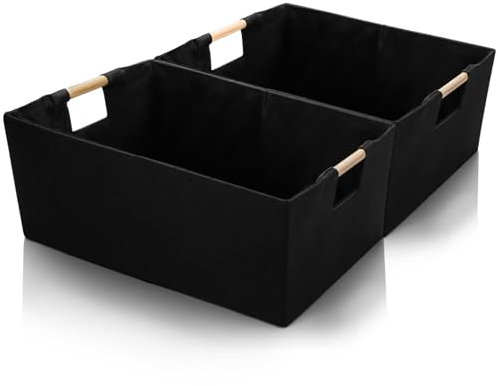 ZOOFOX Set of 2 Black Storage Baskets, Closet Storage Bins with Wooden Handles, Foldable Rectangular Storage Baskets for Shelves, Closets, Home, Office