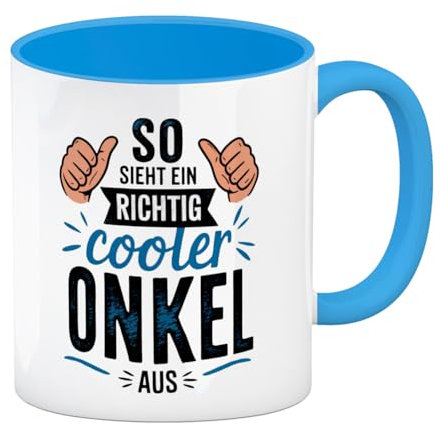 speecheese SO SIEHT EIN RICHTIG COOLER ONKEL AUS Kaffeebecher in hellblau Perfekt für Onkel mit schwarzem Text und blauem Daumen auf weißem Hintergrund ideal als Geschenk