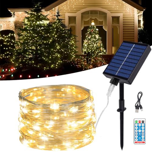 MOLVCE Solar Lichterkette Aussen, 30M 300LED Lichterkette Außen Solar, Kupferdraht Solarlichterkette IP65 Wasserdicht mit 8 Modi und Fernbedienung, Solarlichterkette für Balkon, Hof, Warmweiß
