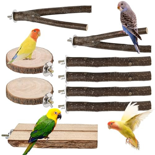 9 Stück Naturholz Vogel Sitzstangen, Natur Sitzstangen Set für Vögel, Vogelspielzeug, Sitzstangen Vögel, Sittichsitzstange, Holzständer, Wellensittichsitzstange für Wellensittich Nymphensittich