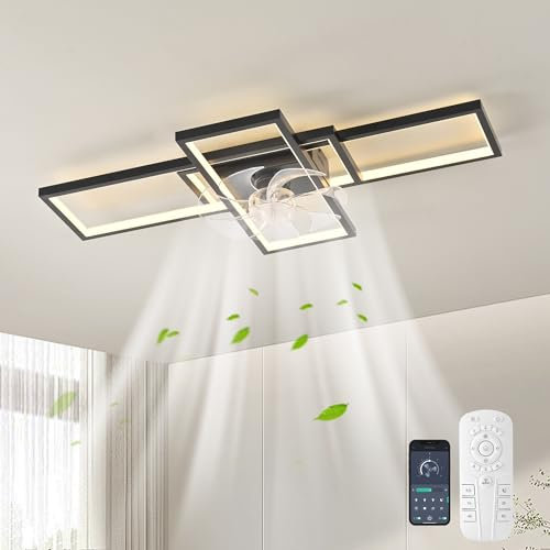 JIINOO Ventilatore da Soffitto con Luce LED e Telecomando,Dimmerabili Lampadario con Ventilatore da Soffitto,Motore Reversibile Silenzioso,Regolabile in Velocità del Vento per Soggiorno,60W,90 cm,Nero
