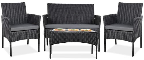 YOEVU - Set Jardín 4 Piezas | Sofá, Sillas con Cojines Lavables | Mesa Cristal Templado | Resistente Agua/Sol | Ideal Terraza, Patio, Balcón | 101.6x53.34x79.98 Cm, Ratán Sintético (Gris Claro)