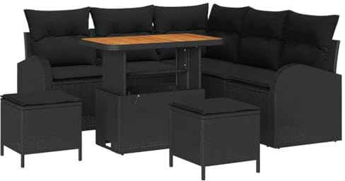 vidaXL 8-teiliges Garten-Sofa-Set mit Kissen in Schwarz aus Poly-Rattan und Akazie. Handgewebtes, modernes Design. Wetterfest. Verstellbare Füße. Gemütliche Sitzmöbel für den Außenbereich.