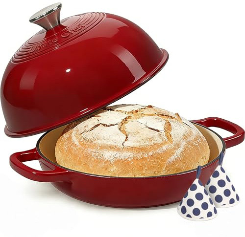 Enamelled Cast Iron Dutch Oven Pot – Dutch Oven Pot with Lid For Sourdough Bread Baking – Cast Iron Bread Oven – Red, Umite Chef 6QT Pot with Lid & Cotton Potholders