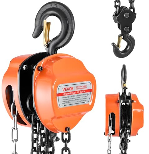 VEVOR Hand Chain Hoist, 2 Ton Capacity, Manual Chain Block with Upgrade G80 Galvanized Chain, 3 m Lifting Height, Heavy Duty Pulley Hoist for Garage Warehouse Automotive Machinery, Orange