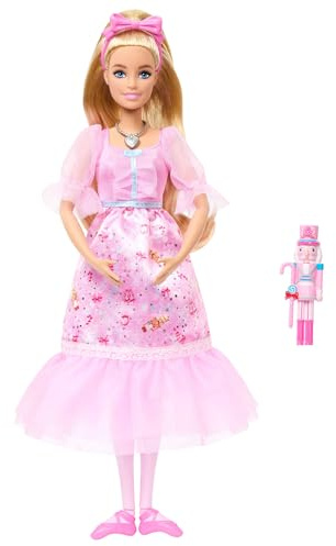 Barbie in the Nutcracker Clara Ballerina Puppe | Mit rosa Satinkleid, Puffärmeln, beweglichen Fußgelenken und Spielzeug-Nussknacker, JLW51