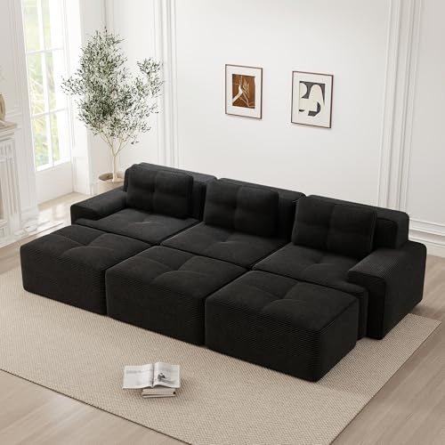 Bladez Modernes 3-Sitzer Cord Sofa Modulares Schlafsofa mit Hocker, Ohne Montage, Cloud Polstersofa Couchs 32D Hochelastische Schaum Boneless Sofa für Wohnzimmer (Schwarz, 3-Sitzer+3)