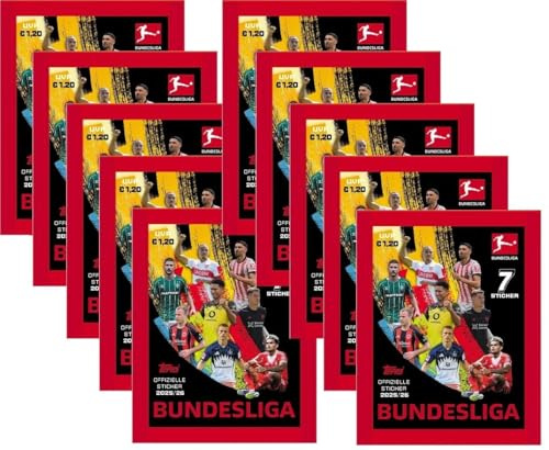 Topps Bundesliga Stickers Saison 2025/26-10 Sticker Packs Fussball Karten und BB-Toy-Trades Toploader
