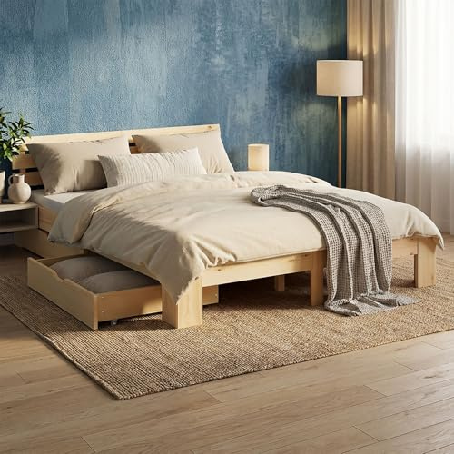 Homestyle4u Bett 180x200 mit 2 Schubladen und 2 Matratzen Natur Doppelbett mit 2 Bettkästen & Lattenrost Holz Bettgestell Stauraum Bett für Schlafzimmer, Gästezimmer & Jugendzimmer, Artikel 3206