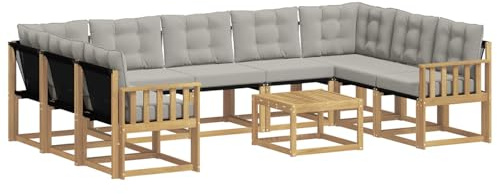 vidaXL Outdoor-Sofagarnitur mit Kissen 10 pcs Weiß und Hellgrau, Moderne Gartenmöbel, Akazienholz-Sofa, Textilene-Rücken, strapazierfähige Sitzmöbel, Bequeme Liegeplätze