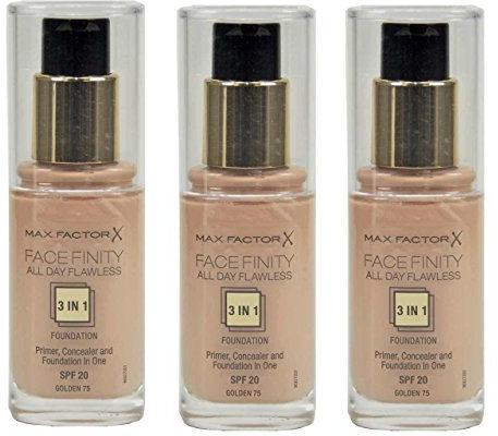 3 x Max Factor Facefinity Ganztägige Flawless 3-in-1-Foundation, goldfarben 75, 30 ml
