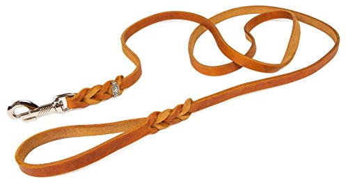 CopcoPet - Fettlederleine 1 m x 12 mm, Cognac, Hunde-Leine aus Leder mit verchromtem Karabiner, geflochtene Hunde-Führleine Leder