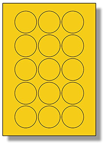Label Planet® 15 Per Sheet, 5 Sheets (75 Round Yellow Labels). Round Coloured Paper Labels, 51mm Diameter, LP15/51R C