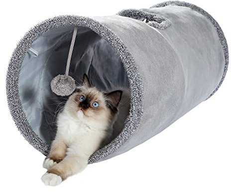 OHANA Schön Faltbar Katzentunnel Katzenspielzeug mit Ball Rascheltunnel für Katzen Welphln Kaninchenoder Kleintiere Grau 67 * 30cm