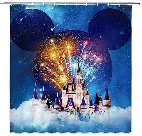 Dream coloré Fireworks Château Rideau de Décor Rideau de salle de bain lavable en machine Tissu résistant à la moisissure de salle de bain Décor avec ensemble de crochets 177,8 x 177,8 cm Cw 5006