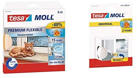 tesamoll premium flexibles Dichtungsband / Für Tür- und Fensterspalten & tesamoll® Universal Tür-Boden Dichtung weich Schaumstoff weiß 1m/38mm/2mm
