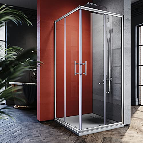 Sirhona - Cabina de ducha completa, deslizante, 76 x 76 x 185 cm, doble puerta de ducha deslizante de cristal 5 mm, acabado cromado