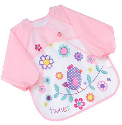 SUPVOX Waterproof Coat for Kids Age 1-3 - Long Sleeve Toddler Apron with Cute Bird Print Ideal for Painting and Messy Play Pink Eva Smock